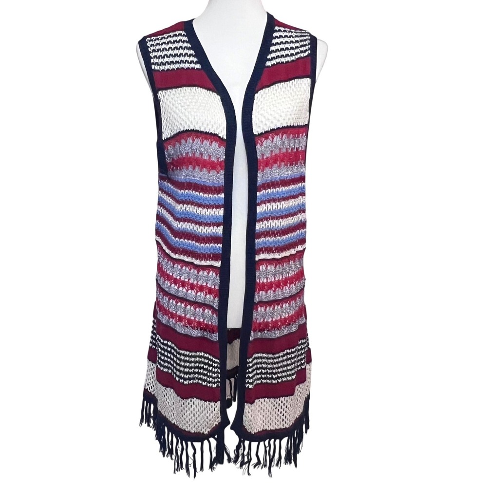 EST 1946 Womens XL Americana Striped Open Knit Fringe Long Vest Red White Blue
